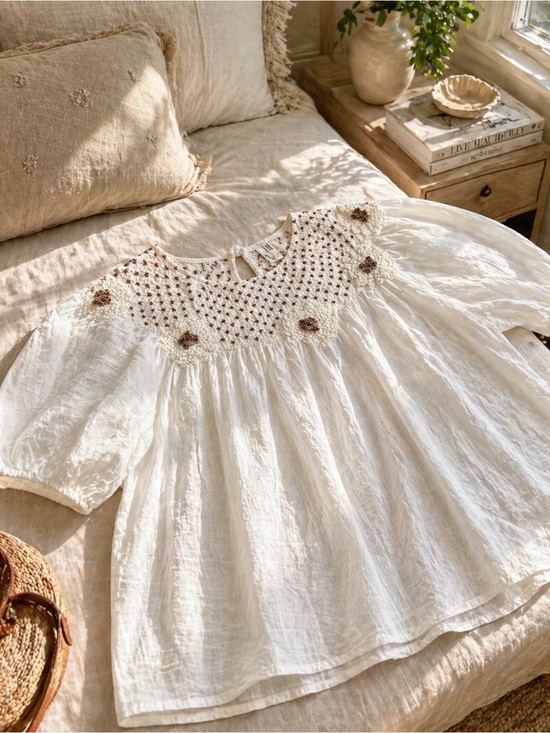 Anthropologie Tops - Anthropologie Boho Embroidered Cotton Peasant Blouse Ivory XL